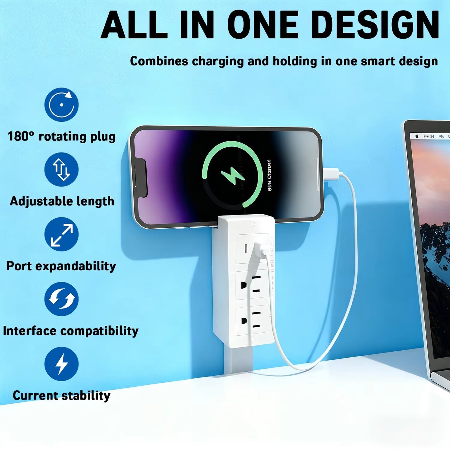 Homefinds Electrical Outlet Extender Plug Wall Outlet Extender Extendable Wall Socket Rotatable Folding Portable Power Socket